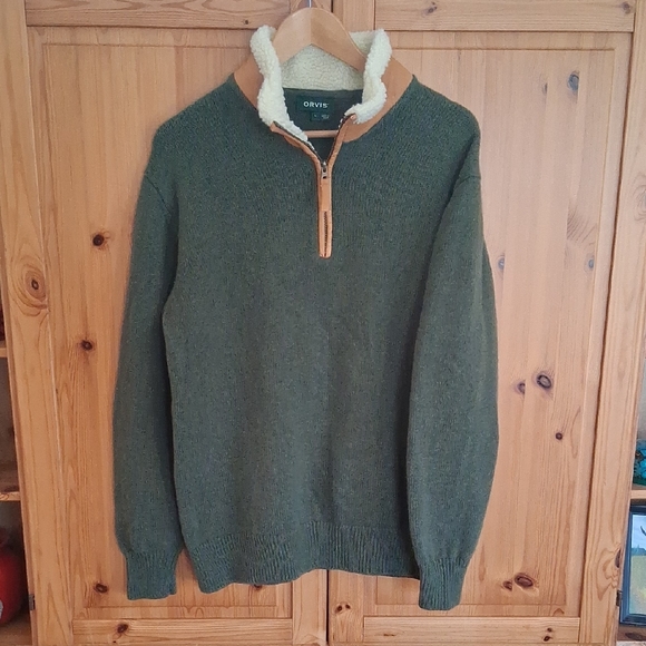 Orvis Other - Orvis Stowe Green Lambswool And Leather 1/4 Zip Pullover Sweater Size Large